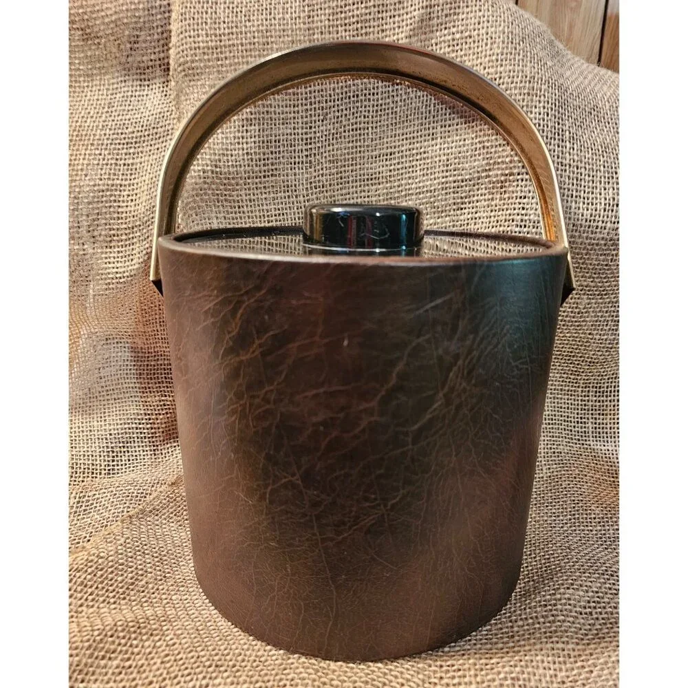 Vintage 1980's Ice Bucket Made in Italy #501 Laux Leather Gold Tone Metal Handle